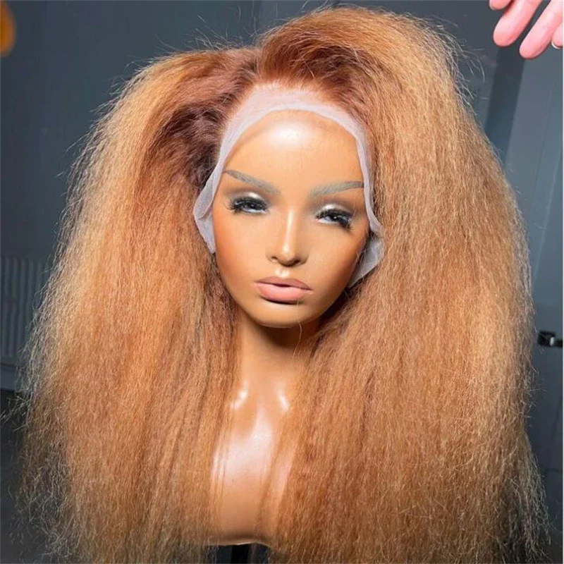 

Soft 26”Long 180Density Ombre Honey Blonde Preplucked Glueless Kinky Straight Lace Front Wig For Black Women BabyHair Daily Wig