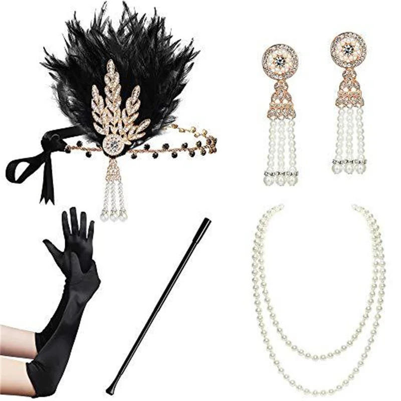 1920 Feathered Headband Set European Vintage Party Dinner Party Headdress Hand Necklace Earrings Smoke Pole The Prom Suit