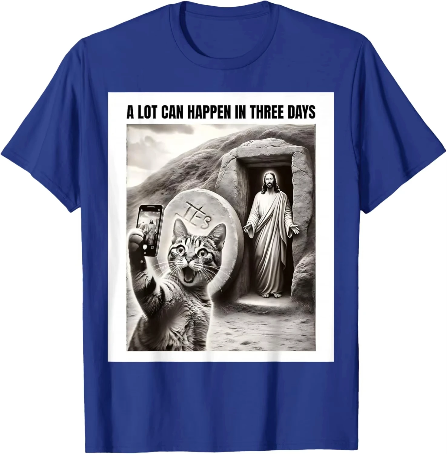Funny Easter Jesus Resurrection Cat Selfie Viral Meme Graphic Tee Unisex Round Neck Daily Casual Street Tops