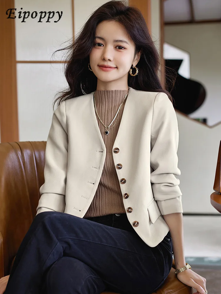 ชุดสูทสีกาแฟลำลองเสื้อแจ็คเก็ตลำลองทรงสั้นสำหรับผู้หญิง