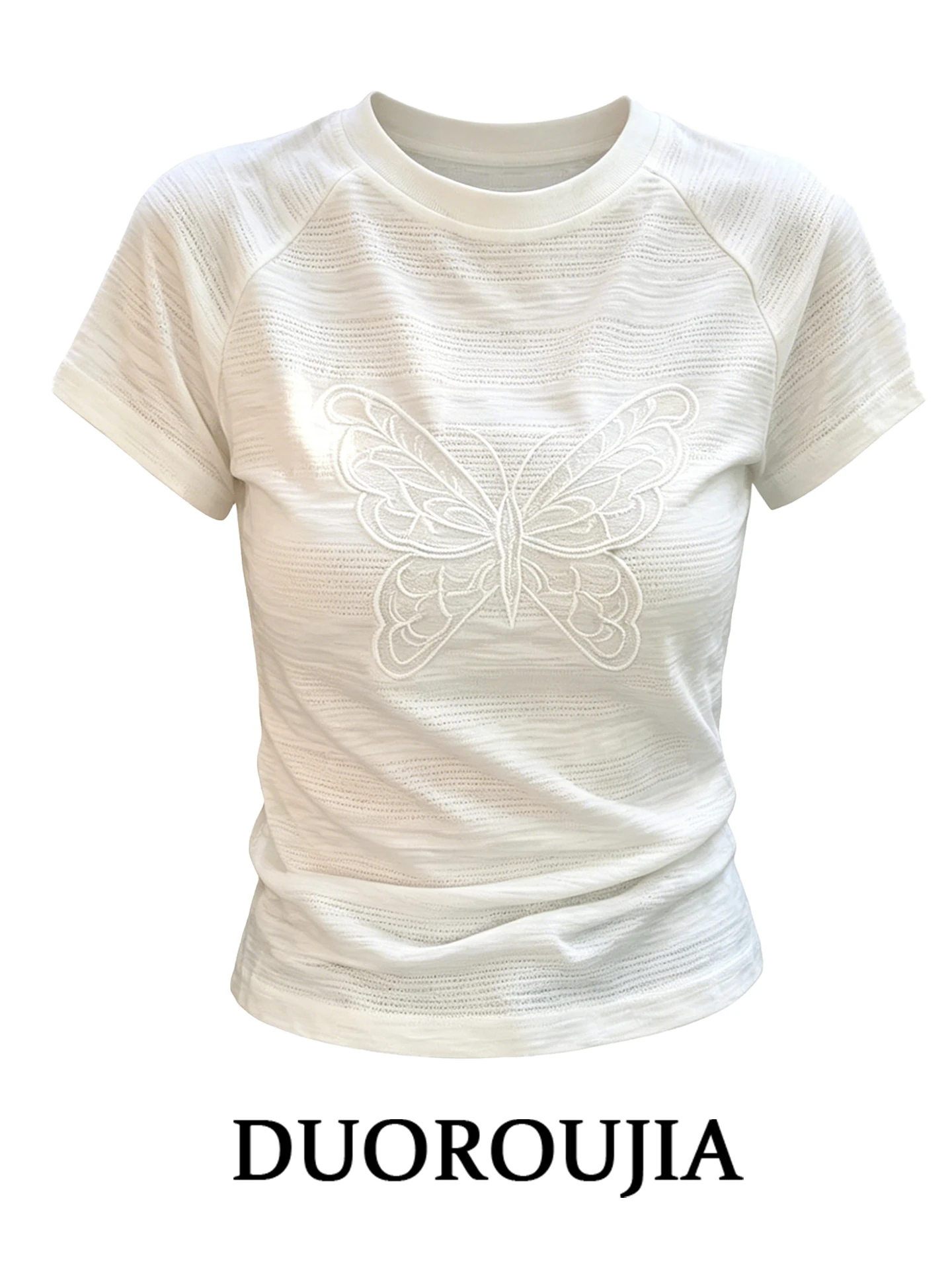 

Korean Style plus Size Embroidery Short Sleeve T-Shirt Women's Summer Slimming round Neck White Top DUOR Brand