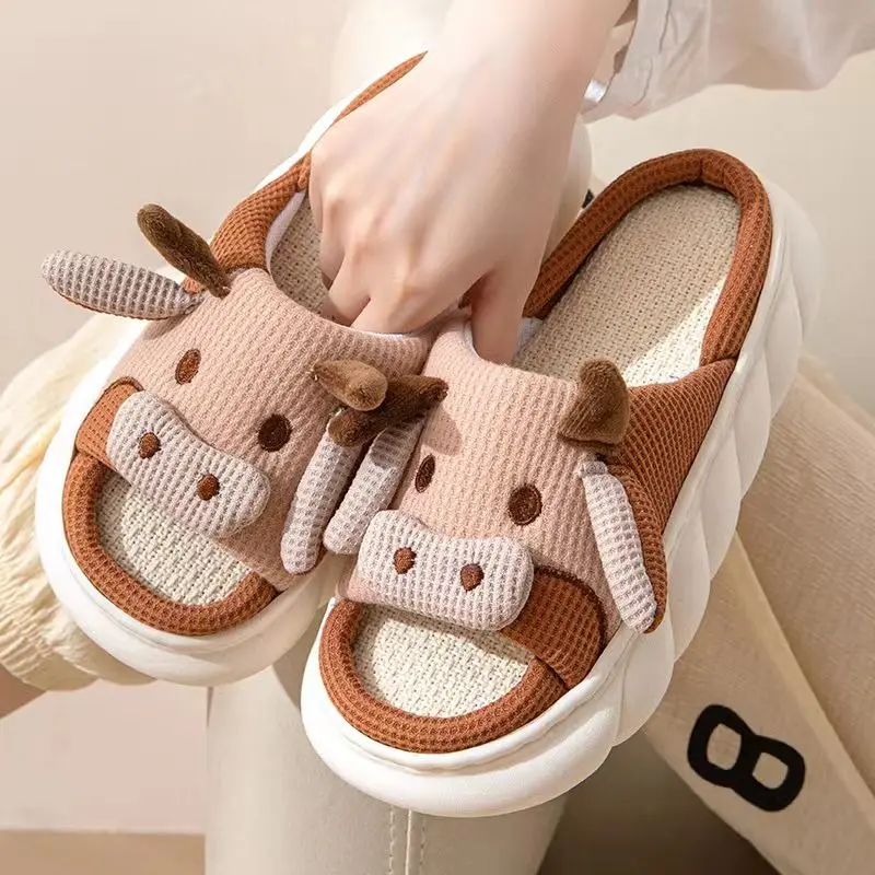 

Cow Slippers Female Summer Couple Home Anti slip Thick Sole EVA Cow Slides Anti Odor Four Seasons Linen Slippers Male