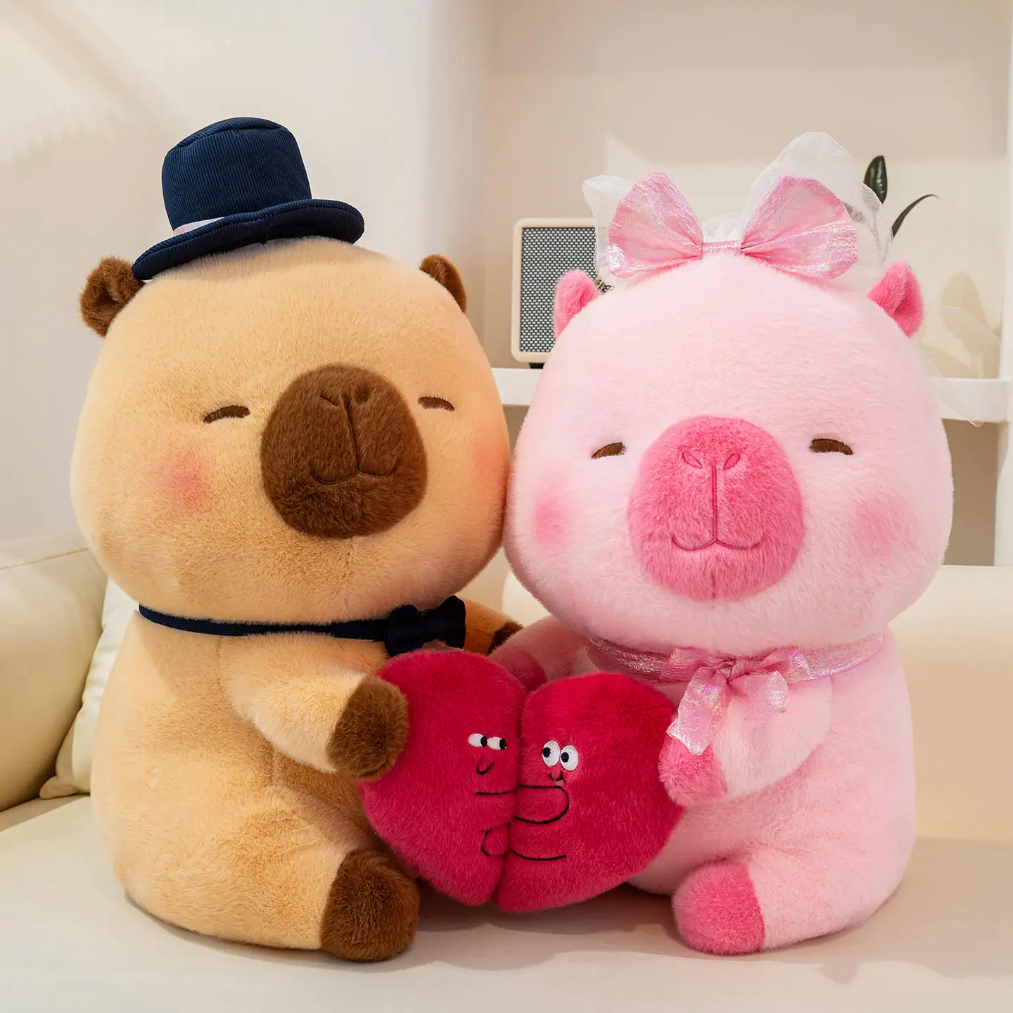 A Couple Of Capybara Plush Toy Holding Heart Stuffed Capybara Pillows For Valentine Day Gifts