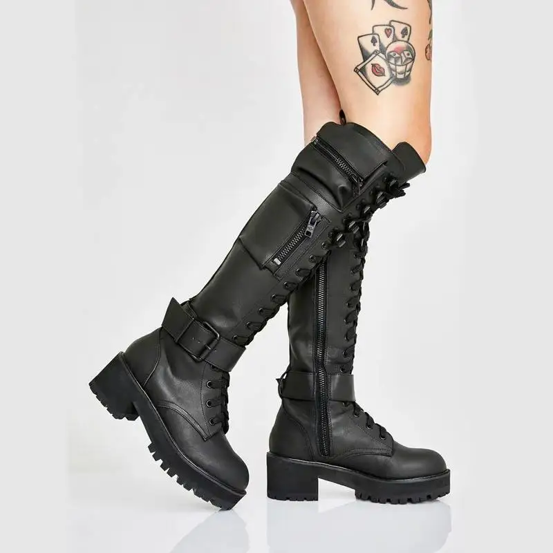 Fashion Pink Leather Side Zipper Pocket Knee Boots Low Square Heels Belt Cross Tie Women Punk Boots platform sole Knight Boots