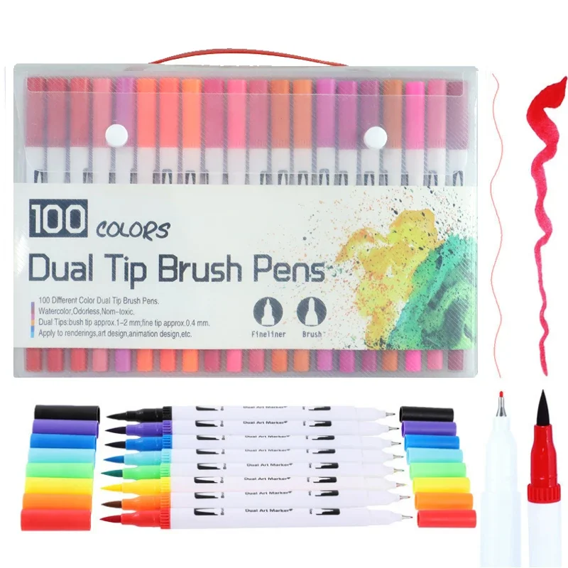 

100 шт., цветная ручка-кисть с двойным наконечником, FineLiner, рисунок, живопись, акварель, художественные маркеры, школьные ручки для раскрашивания, манга, каллиграфии
