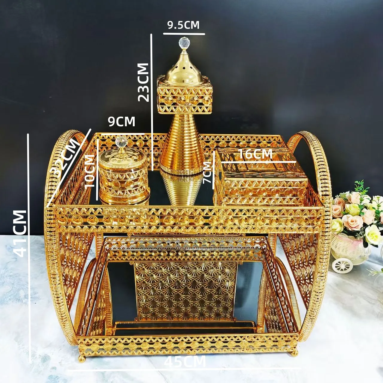 European dining table incense burner set Five-star hotel crystal column metal sugar cup grill set Dining table ornament