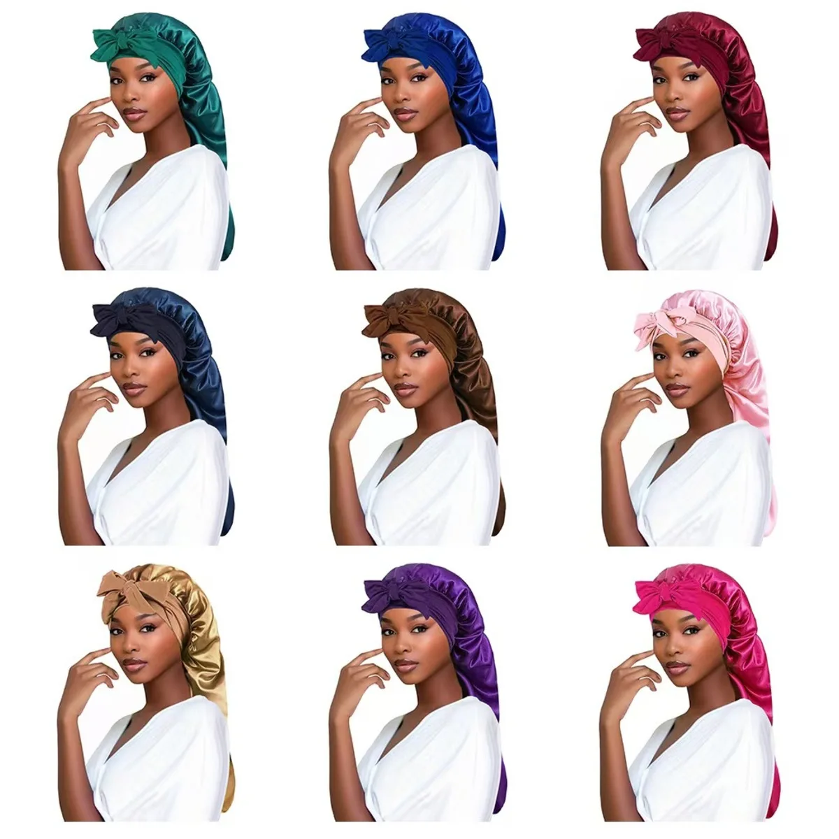 Women long Oversized Elastic Satin Bonnet Sleeping Cap With Ribbon Breathable Sleeping Cap Turban Sleep Headwear Bandanas image 2