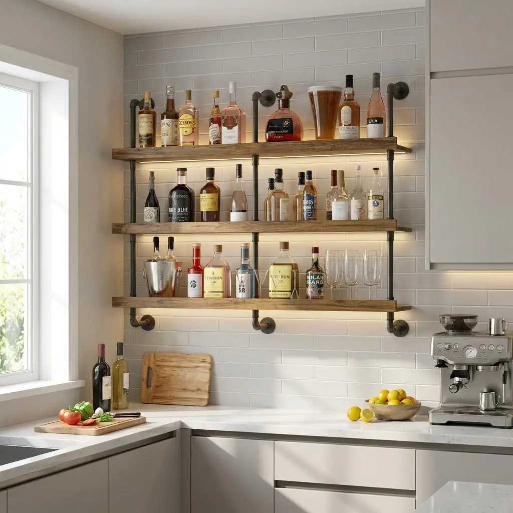 Wall Mounted Wine Rack With LED Light Three Tier Floating Bar Shelf For Liquor Bottle Display Storage Modern Wine Holder Organizer For Kitchen Home Bar Dining Room Black view 6