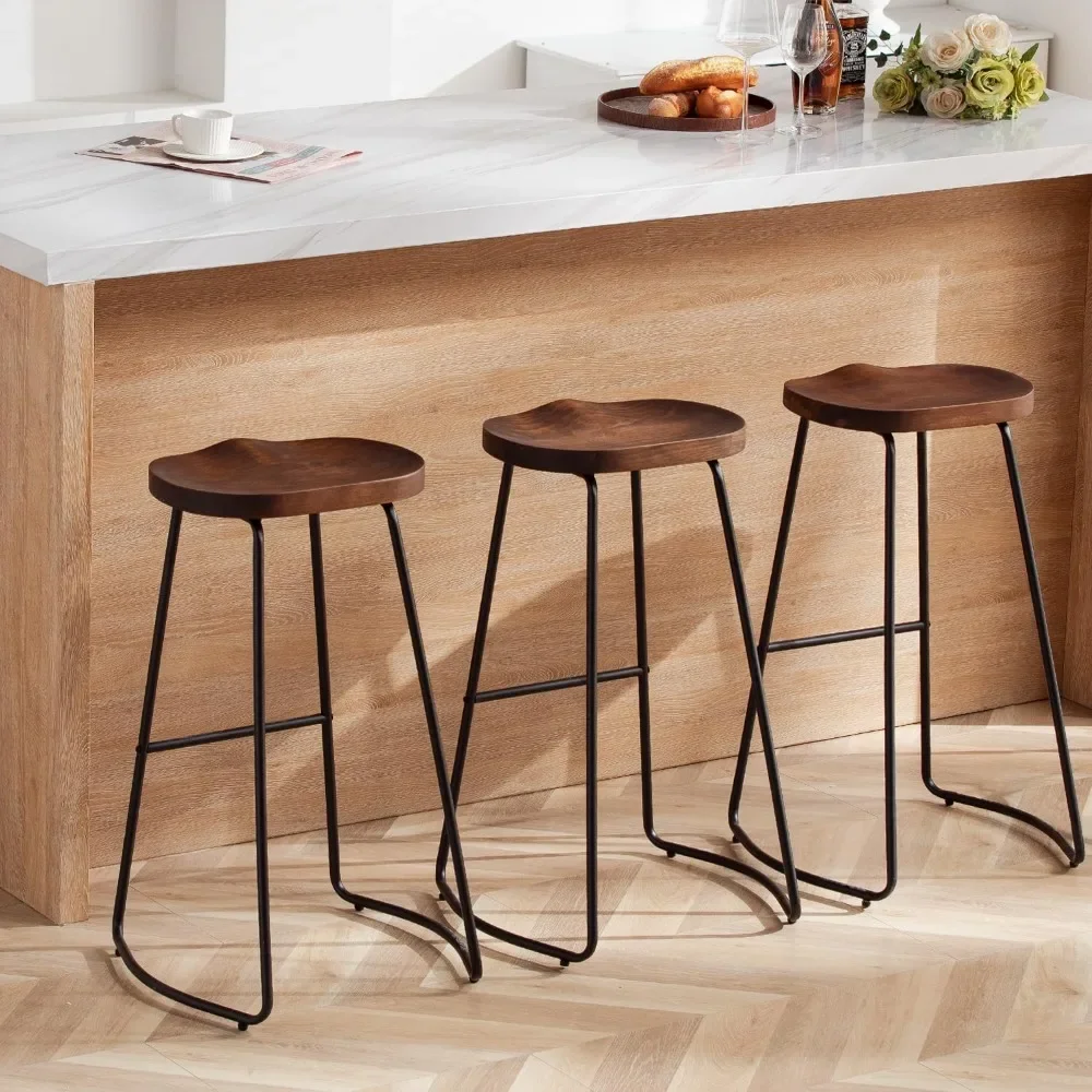 Bar Stools Set of 3, Solid Wood Counter Height Bar Stools 30 Inch Saddle Seat Barstool Rustic Tall Bar Height Stool for Kitchen