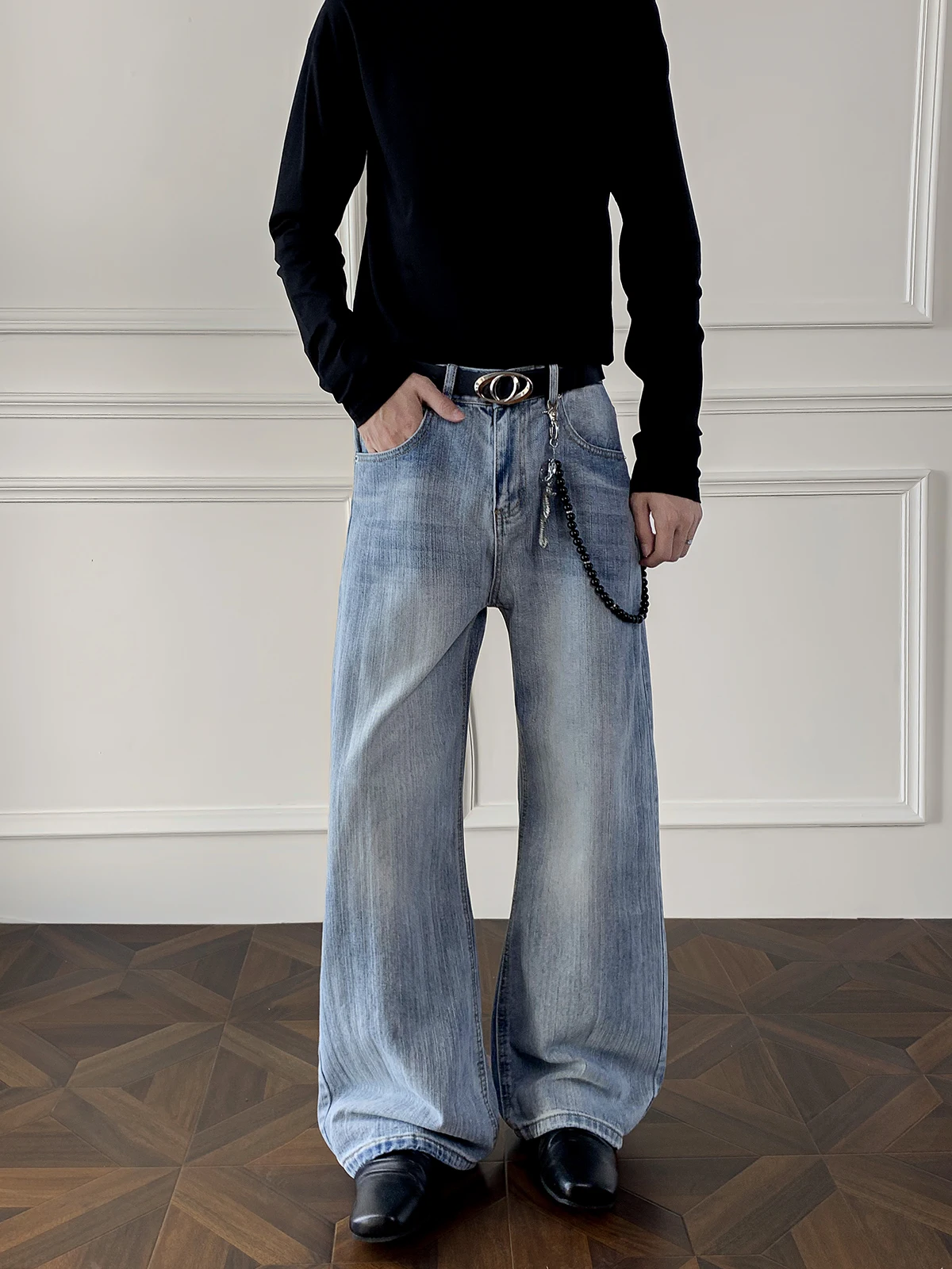 

Blue Washed Jeans Men's Summer New American Loose Retro Design Straight Leg Micro Flare Casual Long Pants Loose Fit Jeans