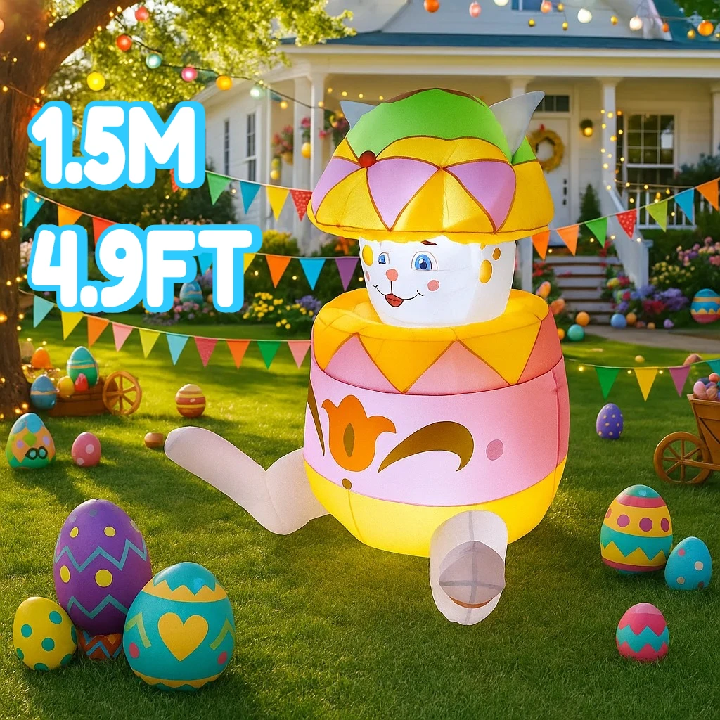 1.5M/4.9FT Easter DIY Inflatable Decoration Easter Egg Rabbit Model with LED Light Ornament for Holiday Garden Yard Outdoor