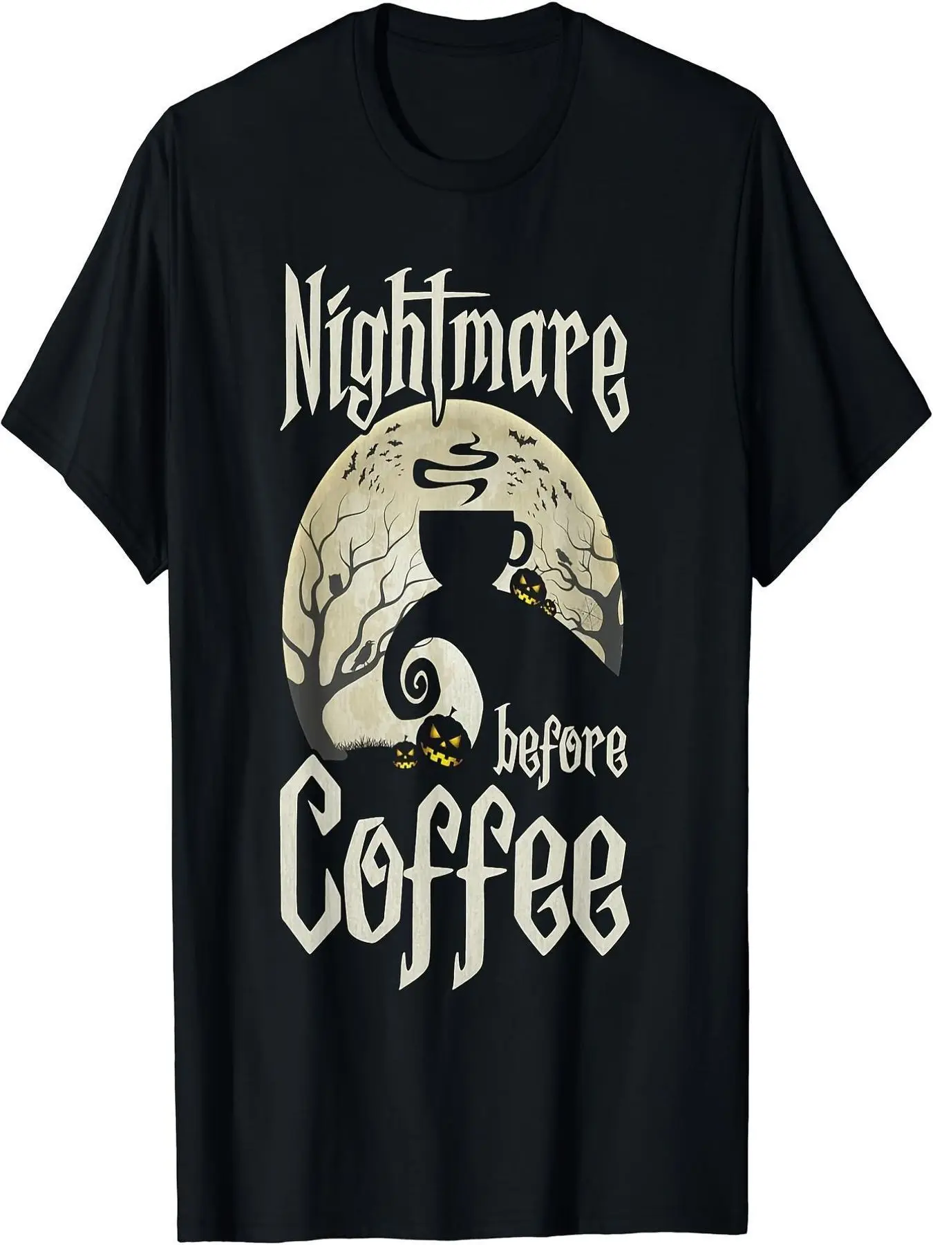 Men's Plus Size Halloween Moon  Pumpkin Graphic T-Shirt - Spooky Night Scene with Twisted Trees and Black Coffee Cup, Perfect for Fall Festivities