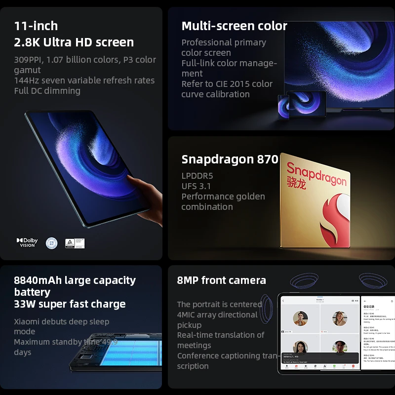 Xiaomi Mi Pad 6 Планшетов Глобальная прошивкой 6ГБ ОЗУ 128ГБ ПЗУ / 8ГБ ОЗУ 256ГБ ПЗУ Snapdragon 870 Планшет 6 11\