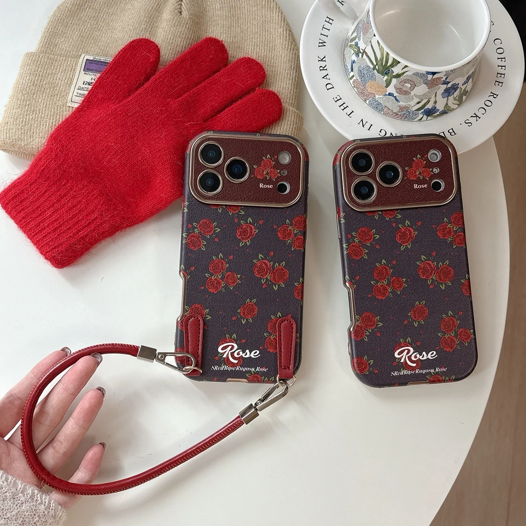 Retro Oil Painting Red Rose Artificial Leather With Lanyard Shock Proof Phone Cover Case for iPhone 17 16 15 14 Pro Max view 3