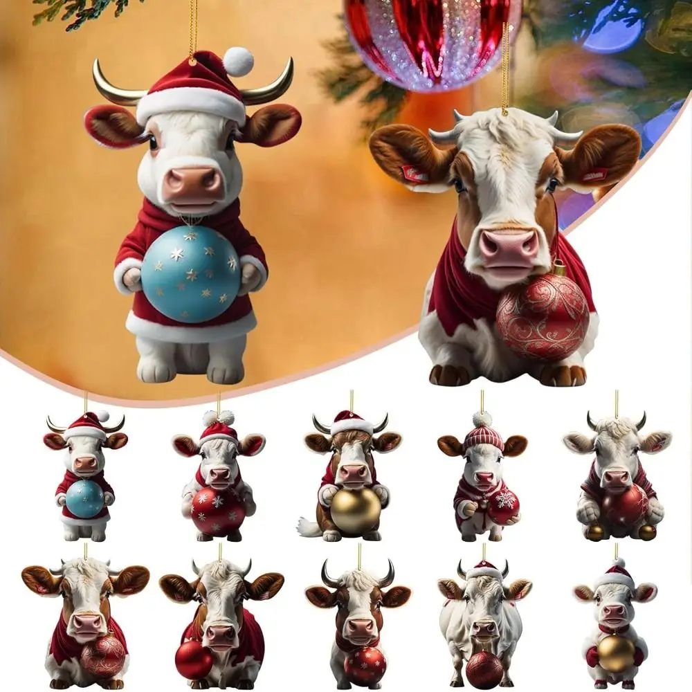 Acrylic Christmas Hat Yak Pendant Flat Craft Cow Christmas Tree Ornament Cartoon Highland Cow Christmas Decoration Christmas