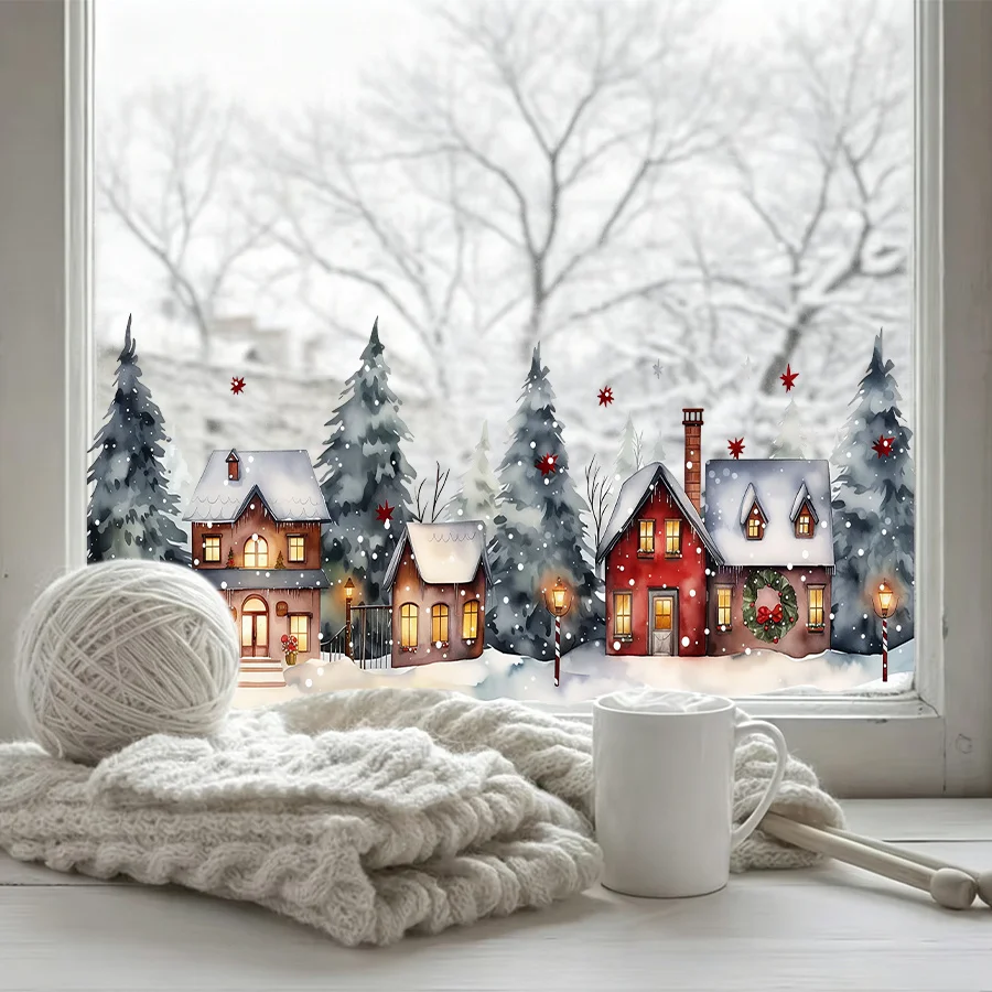 Acogedor Adorno de Acuarela Invernal para Ventana: Cabaña Nevada, Lámpara de Calle de Pino, Decoración Navideña de Cristal para Sala de Estar, Balcón, Dormitorio