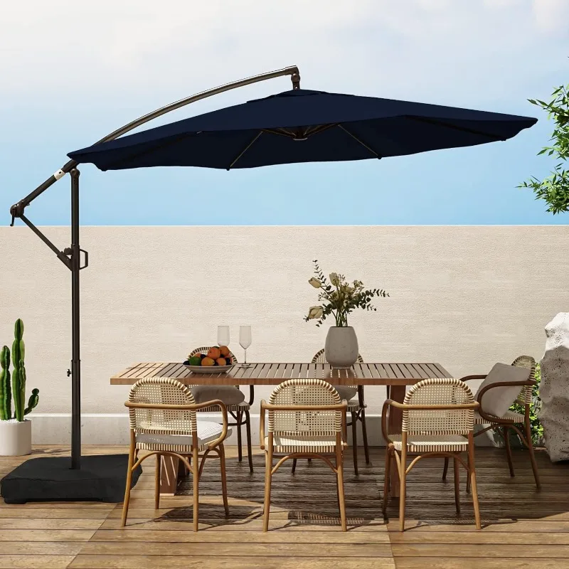 10ft Patio Umbrella with Base Included, Outdoor Offset Cantilever Umbrella, Infinite Tilt, Crank and Cross Base,Navy Blue