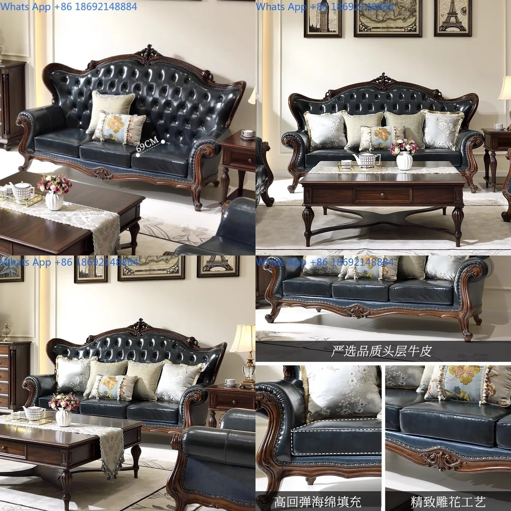 

Vintage style genuine leather sofa for living room solid wood frame large size comfortable seating for home use