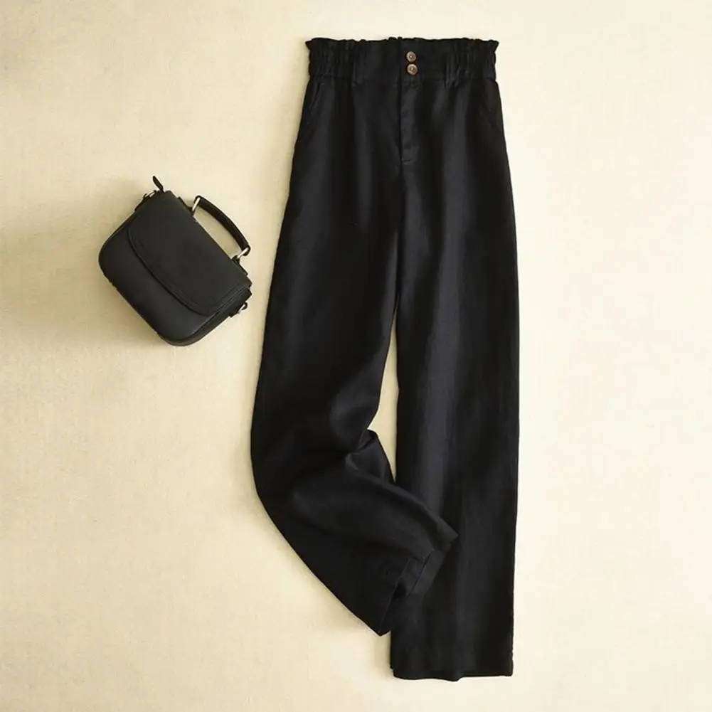 

Wide-leg Trousers Stylish Women's High Waist Elastic Pants with Pockets Loose Fit Solid Color Trousers for Casual Commuting Wear