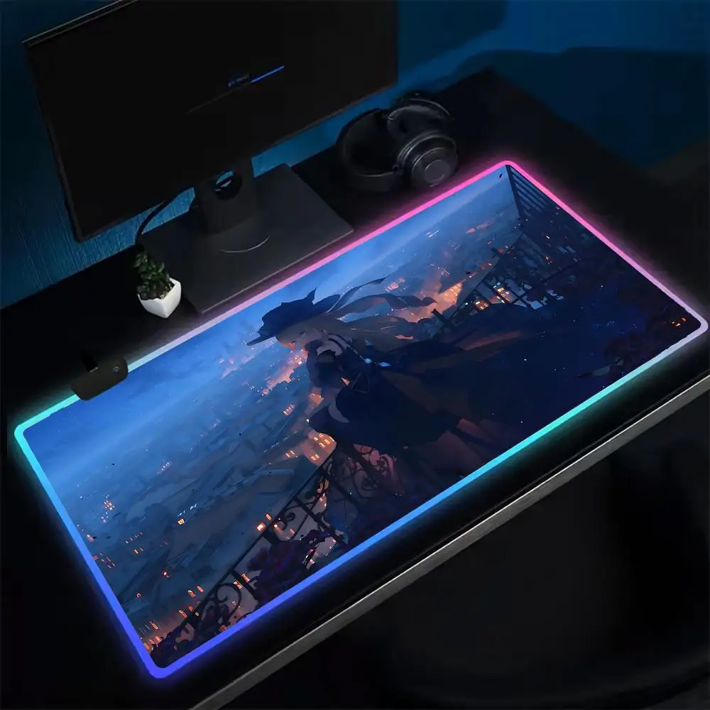 Genshin Navia Mouse Pad Anime Gaming Mouse Pad LED Table Pads Backlit Rubber Desktop XXL RGB Desk Mats