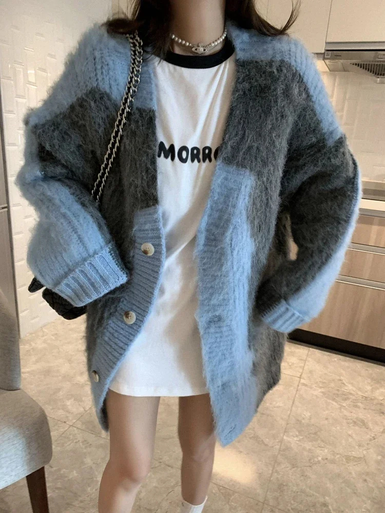 Knit Jacket Women Sweater Cardigan V-neck Mid Length Buckle Clothes Fashion Color Tops Autumn Winter Topcoat Sheepskin Overcoat