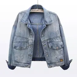 Spring And Autumn New Patch Long Sleeve Denim Jacket Women's Short Loose Korean Jacket Top Short