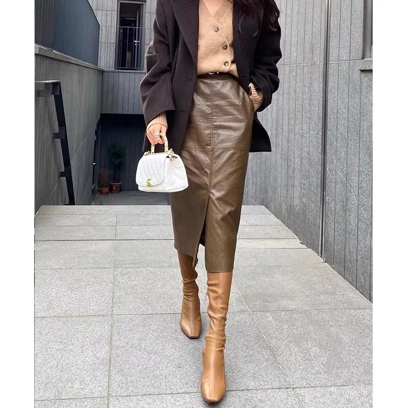 

Осенняя новинка: женская юбка А-силуэта средней длины из овечьей кожи с разрезом, с высокой талией, однотонная, для офиса, облегающая.