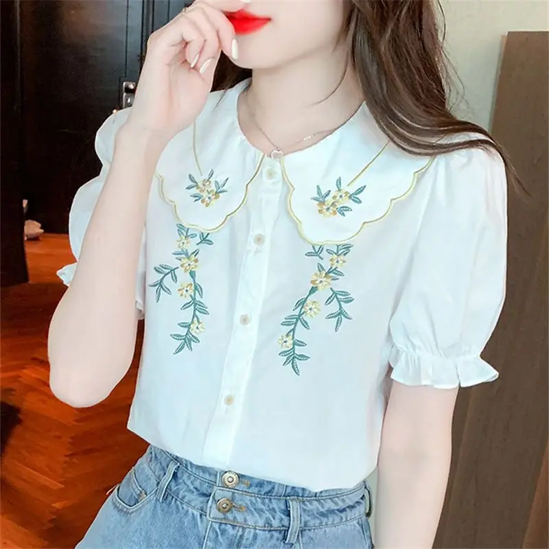 Sweet Peter Pan Collar Spliced Ruffles Embroidery Shirt Women\'s Clothing 2023 Summer New Casual Tops Loose Office Lady Blouse