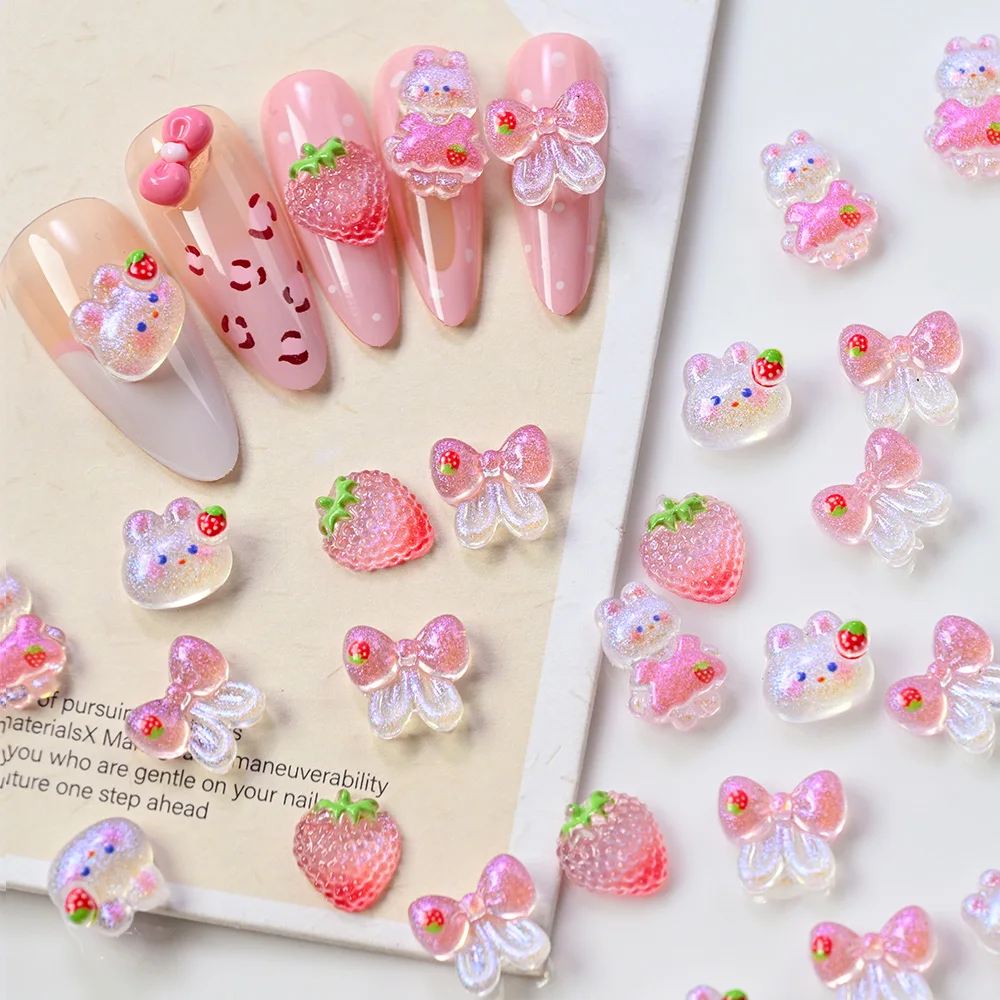 50Pcs Kawaii Mixed Strawberry Rabbit Nail Charm 3D Resin Mini Fruit Bunny Bowknot Rhinestones DIY Crafts Nail Art Decoration