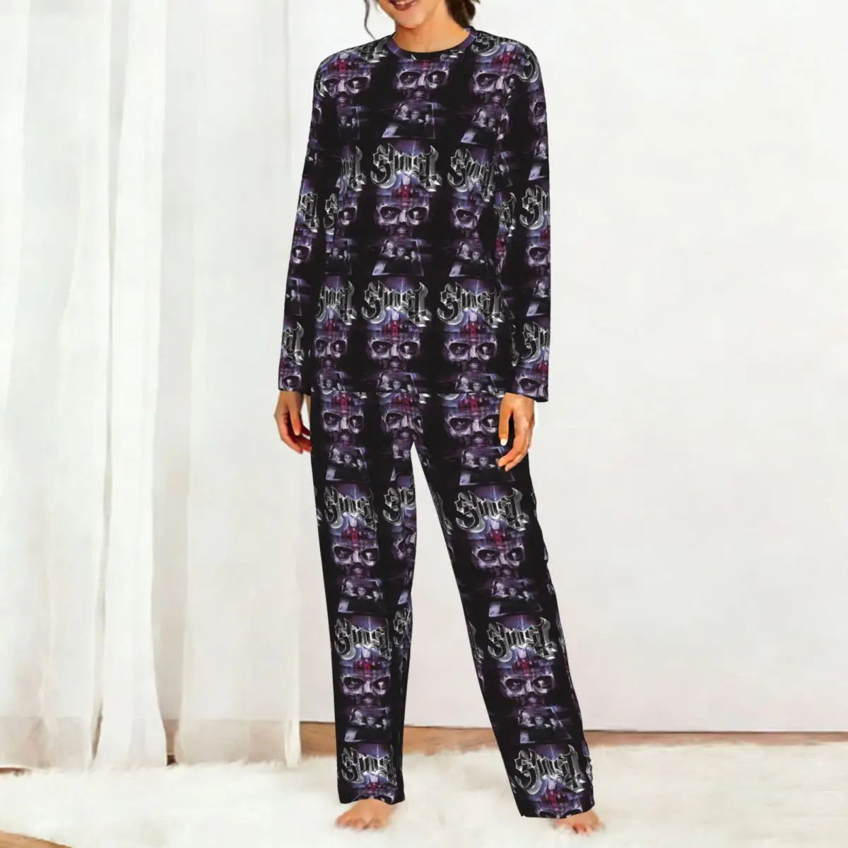 Skeleta Album Ghost Band Round Neck Long Sleeve Nightgowns for Sleeping Sleepshirts Women Soft Pajama Set Long Pants