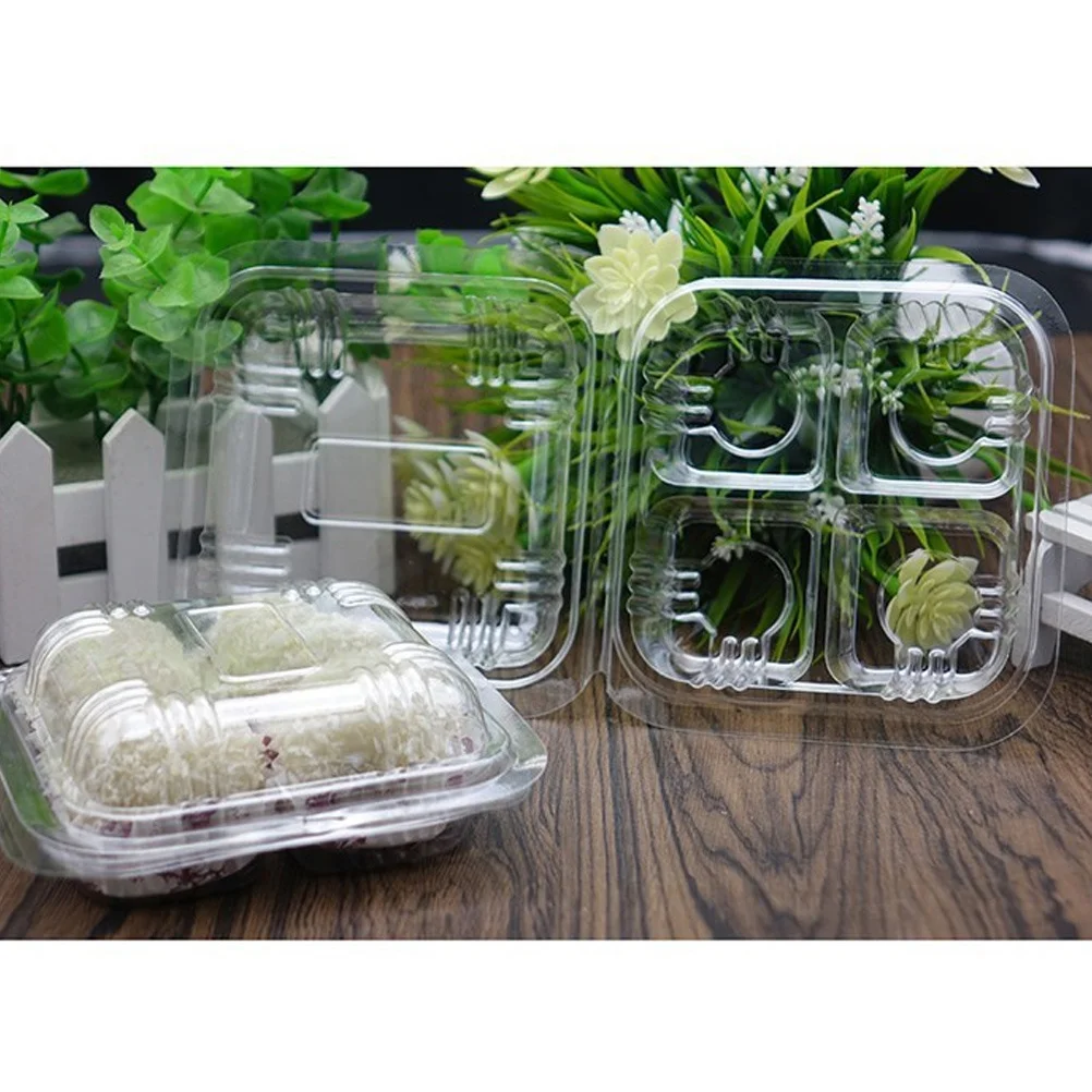 

100pcs Transparent Packaging Boxes Clear Food Containers Hinged Lid Four Grid For Takeout Desserts Fruits Salad Storage Kitchen