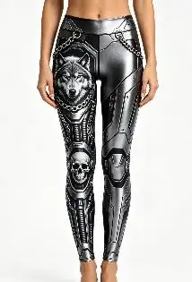 Women Mid‑Rise Fleece Lined Leggings, Metallic Armor Wolf Skull Chain Gothic Print Slim Stretch Pants - view 3