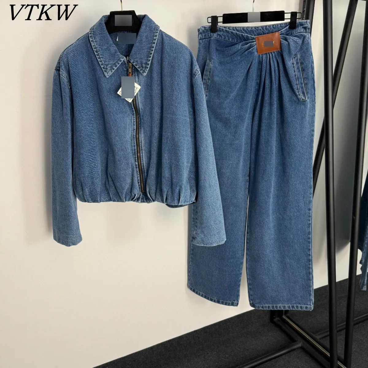 

VTKW Women Denim Jacket Pants Set Zip Up Collar Ruched Waist High Waist Pleated Trousers Leather Label Blue Casual Daily Wear