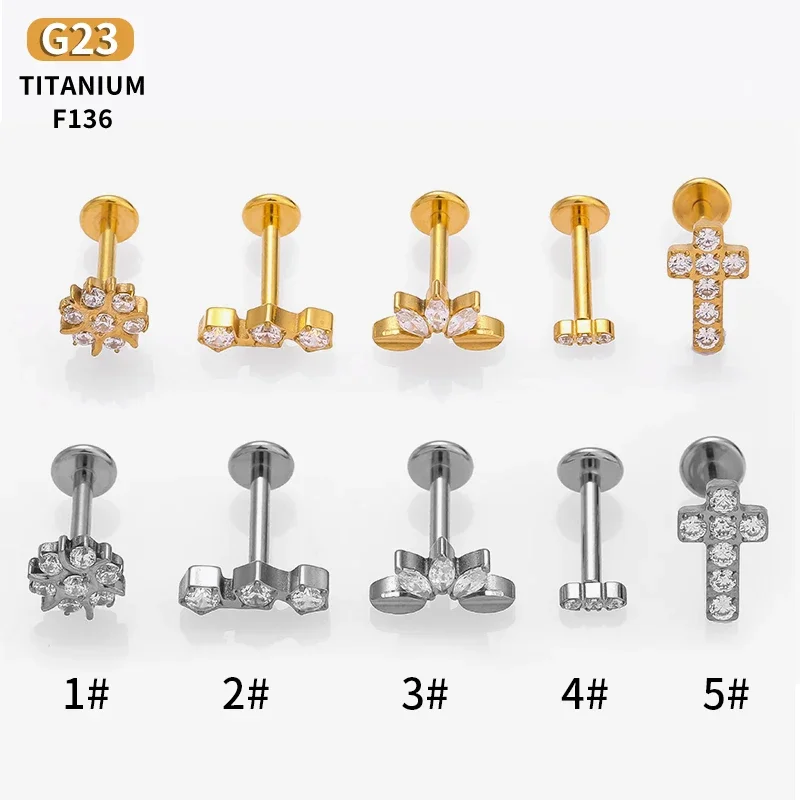 G23 티타늄 ASTM F136 라브렛 립 피어싱 크로스 스터드 귀걸이, 여성용 바디 쥬얼리, 이주 연골, 알레르기 방지