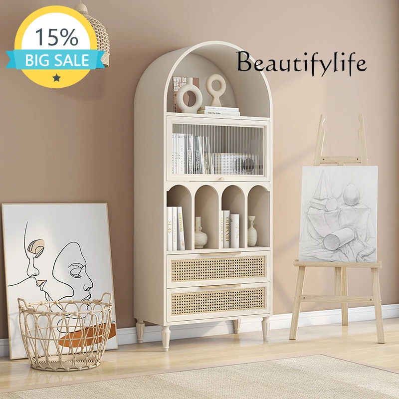 

SS American Solid Wood Bookcase Nordic Side Cabinet Light Luxury Floor Bookshelf French Retro Arched Decorative Wine Cabinet