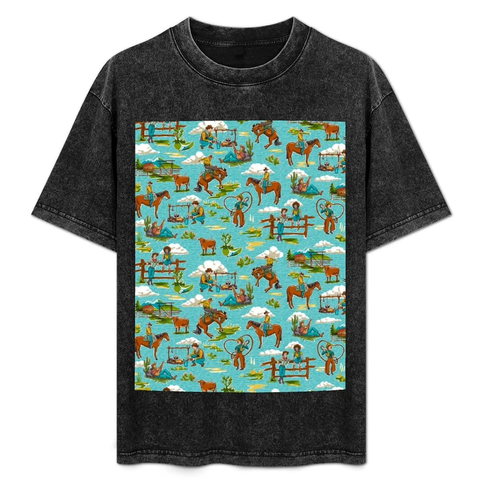 

Retro Out West Cowboy and Cowgirl Pattern in Bright Blue T-Shirt Novelty Graphic Tee Shirt
