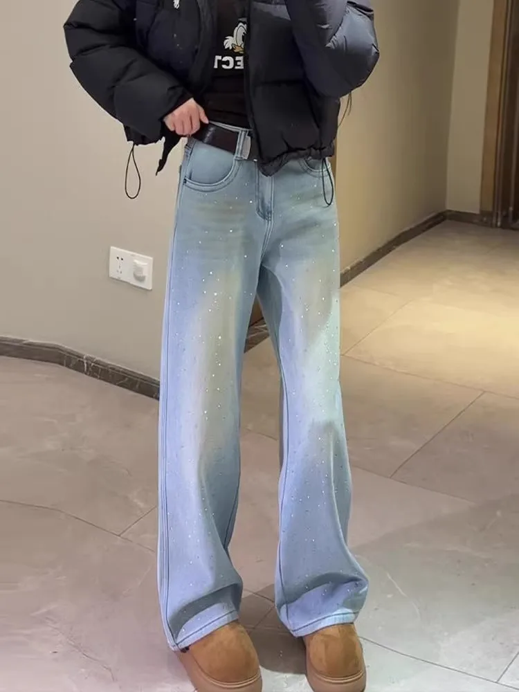 

High Waist Fce Lined Straight Leg Jeans Women's Winter New Sle Slimming Long Leg Effect Rhinestone Decorated Casual Jeans