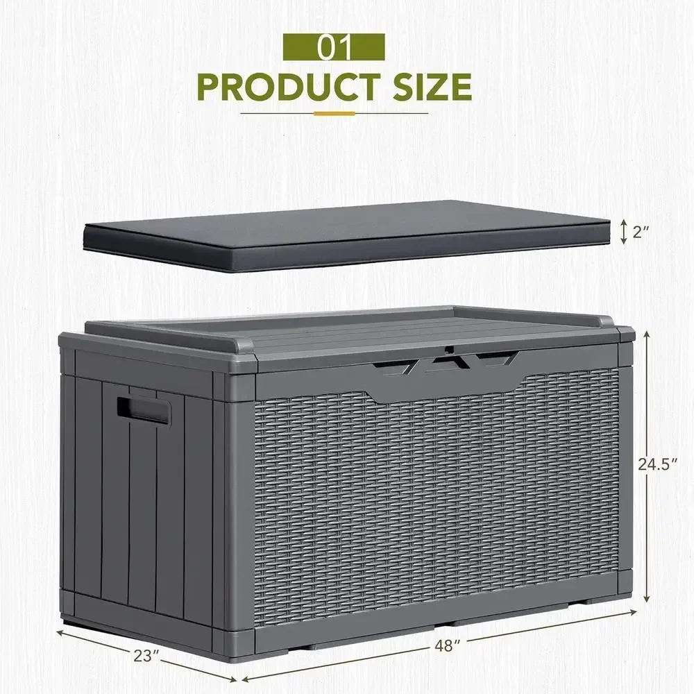 100 Gallon Lockable Deck Storage Box with Cushion, Outdoor Patio Furniture, Garden and Pool Supplies Holder (Gray)
