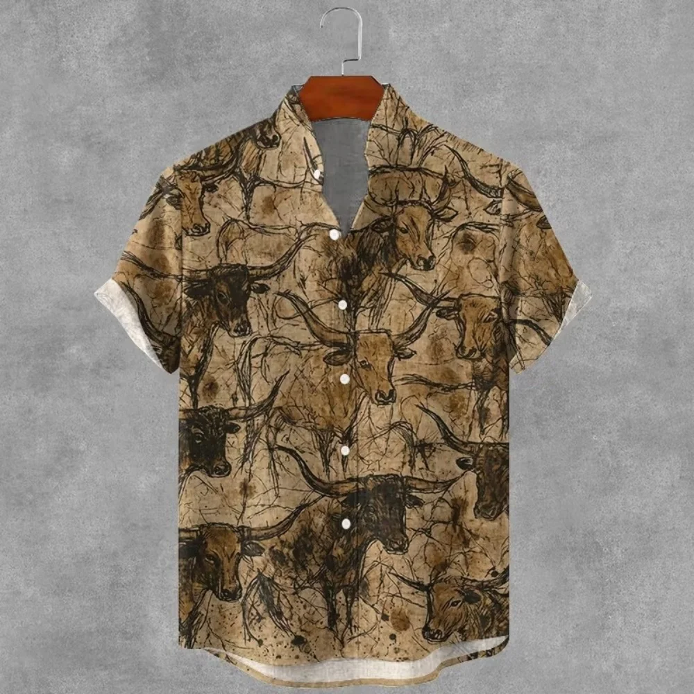 New Chinese style wisteria flower bee 3D printed men's shirt, beige collared short sleeved casual shirt