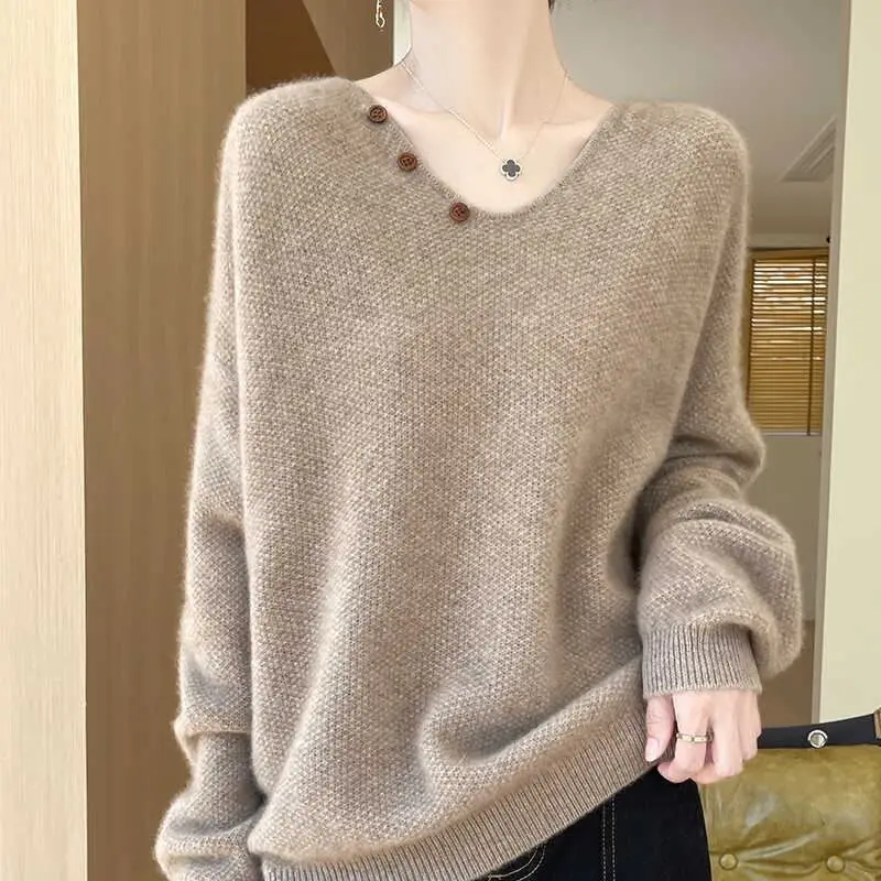 Cream V Neck Knit Sweater Long Sleeve Loose Pullover with Button Details Soft Warm Top for Women Autumn Winter 5