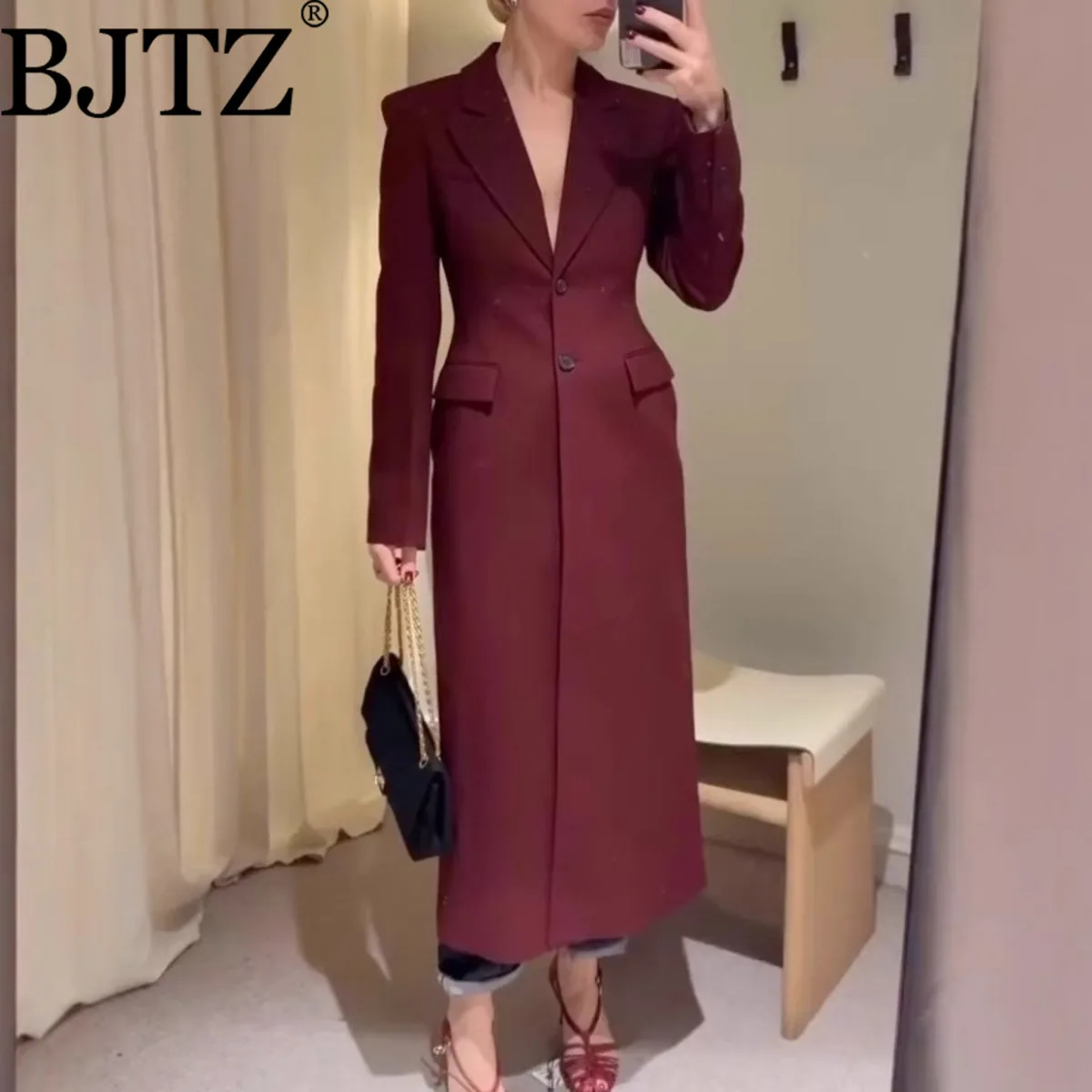 

BJTZ 2025 Fashion Women's Slim Fit Elegant Long Coat Jacket Notched Collar Long Sleeve Office Lady Female Overcoat Clothing