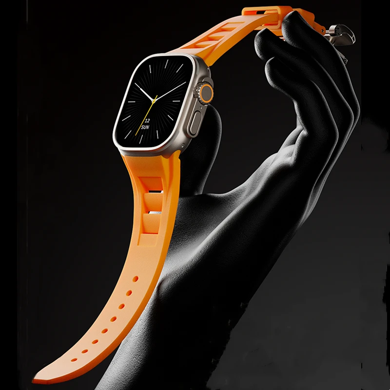 Soft Rubber Butterfly Clasp Band for Apple Watch Ultra 2 49mm Series 9 8 7 45mm Silicone Correa for iWatch 6 5 3 4 se 42mm 44mm