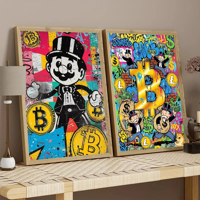Funny Crypto Money Graffiti Art Monopoly Bitcoin Ethereum Poster Canvas Painting Print Wall Picture for Living Room Home Decor