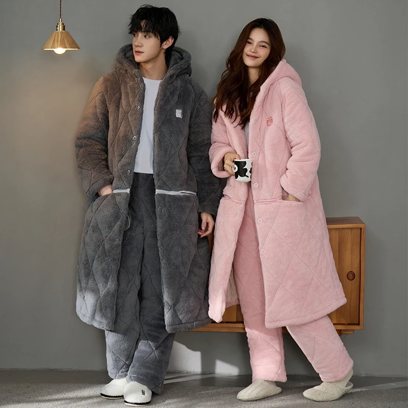 High Quality Winter Couple Hooded Robe+Pant Thick Warm 3 Layer Clip Cotton Pyjamas Casual Soft Women Men Home Clothing