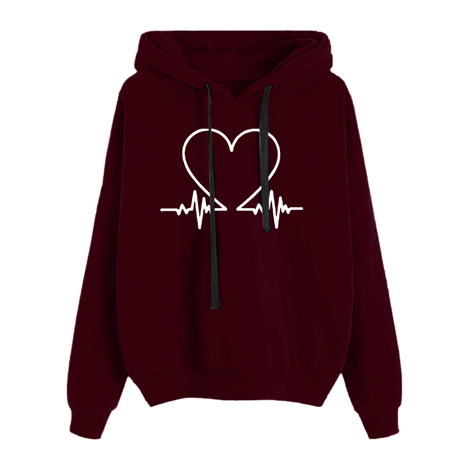 Women's Heart-shaped Printed Hooded Sweatshirts Loose Long Sleeve Drawstring Hoodie Fashionable Casual Pullover Blouses