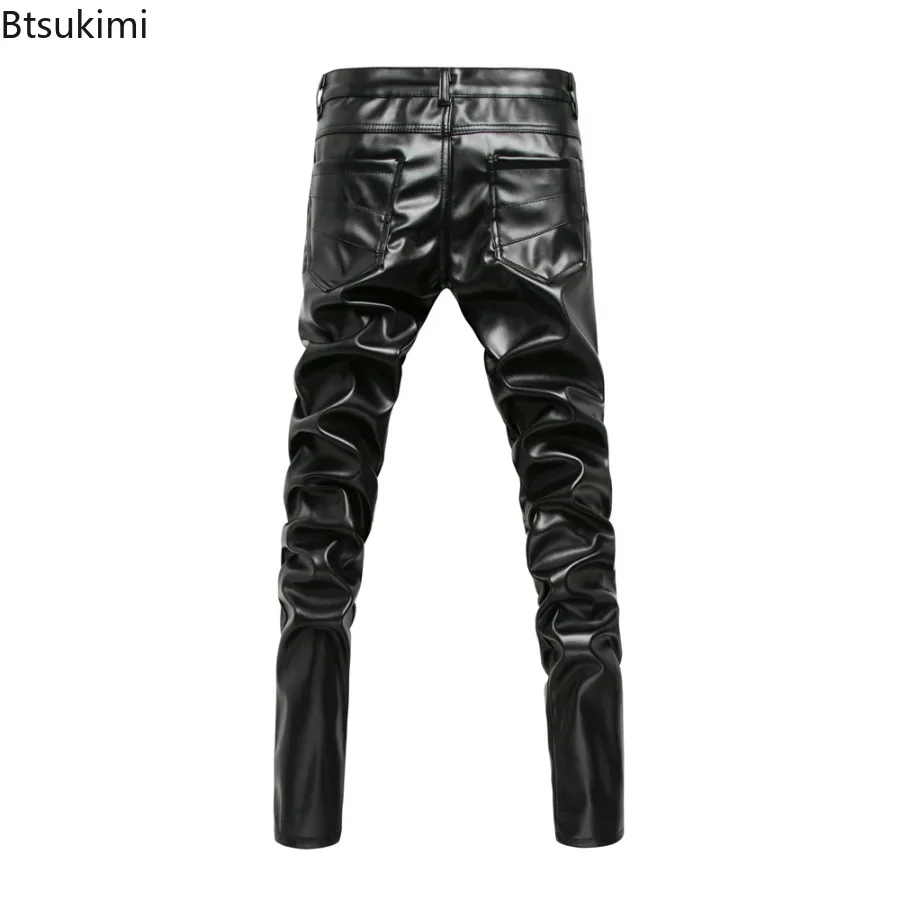2026 New Men's Handsome Skinny Biker Pu Leather Pants Winter High Street Fashion Motorcycle Trousers for Male Stage Club Wear