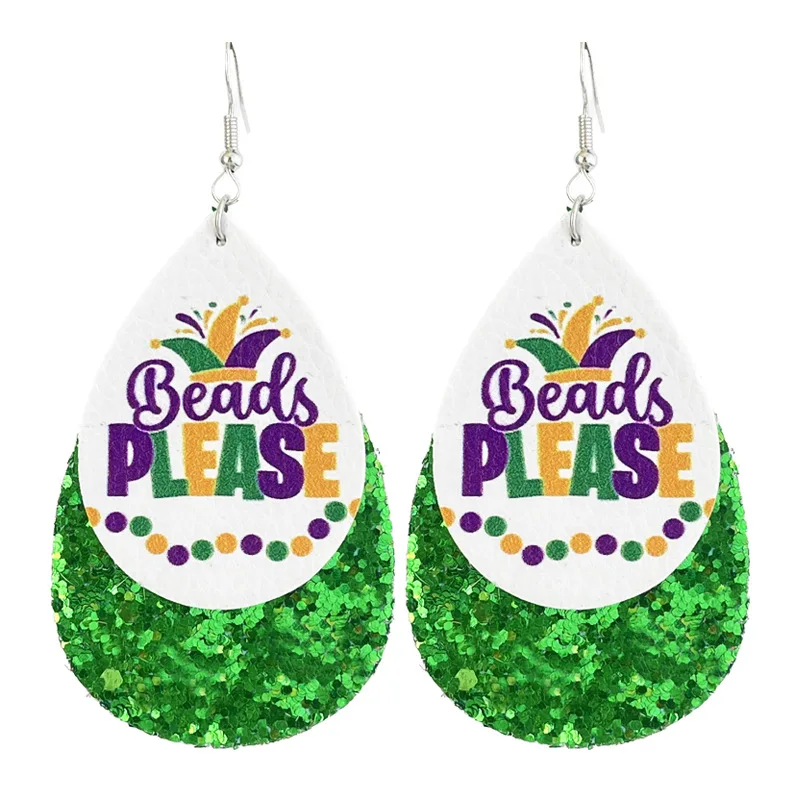 NEW - Fat Tuesday, Mardi Gras Accessories for Women Mardi Gras Faux Leather Layered Stack Glitter Dangle Earrings Fleur De Lis