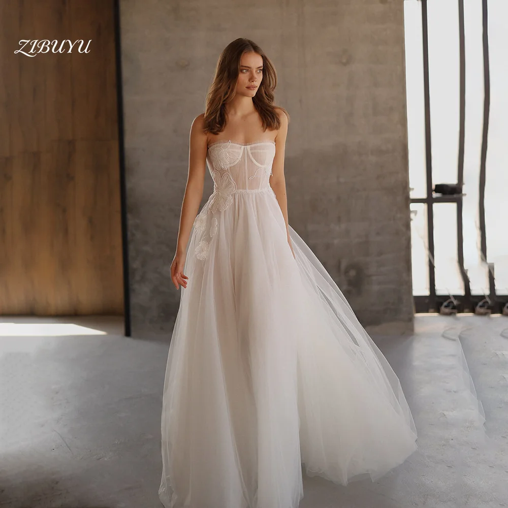 

ZIBUYU Customized Elegant Luxury Wedding Dress Strapless Backless Sweetheart Sleeveless Tulle 3D Floral Appliques Bridal Gowns