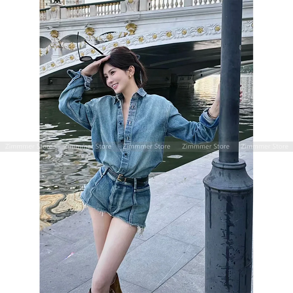 

2024 Summer New Style Commuting Versatile Hot Girl Slim High Waist Washed Raw Edge Denim Shorts