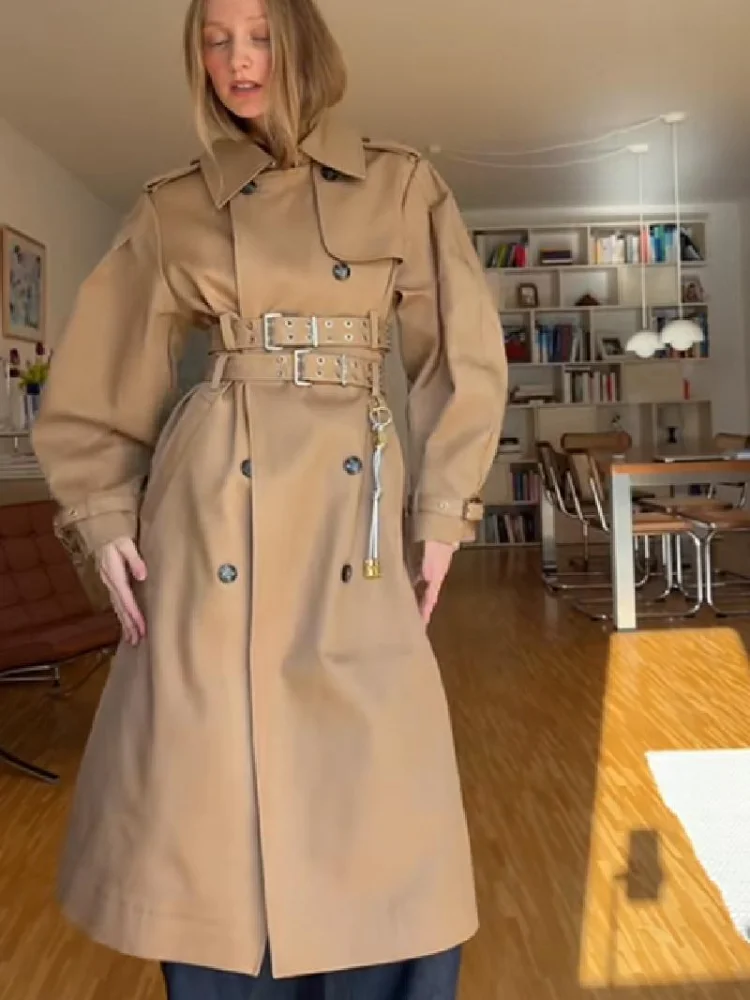 Vintage Long Sleeve Trench Coat Women Fashion Turn-down Collar Solid Double Breasted Jacket With Belt 2025 Autumn Windbreaker